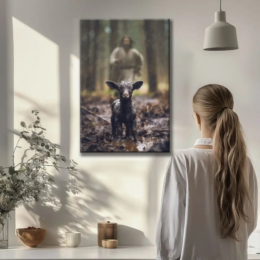 Jesus rescuing the lost sheep, a beautiful Christian wall art canvas, highlighting the message of salvation and faith-based inspiration.