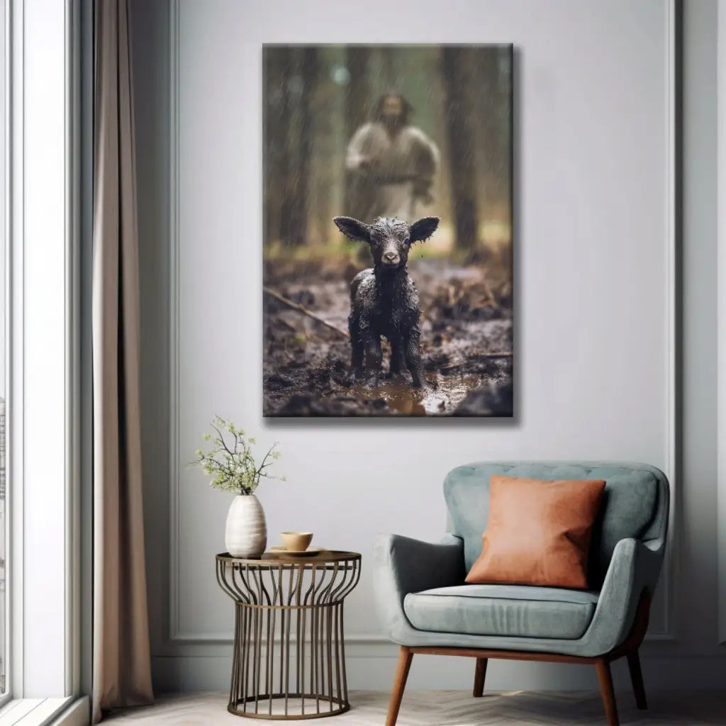 Bible verse-inspired wall art showing Jesus as the Good Shepherd rescuing the lost sheep, perfect for Christian home decor and gifts.