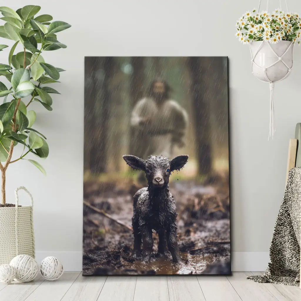 Christian wall art canvas featuring Jesus rescuing the lost sheep, symbolizing faith and divine guidance, perfect gift for any Christian home.