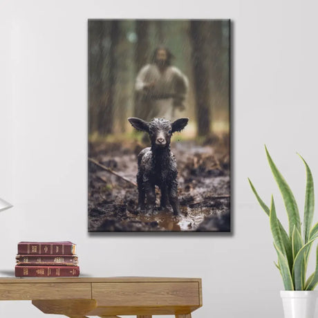 "The Good Shepherd Rescues The Lost Sheep" artwork, depicting Jesus and His love, ideal Christian wall decor for inspiration and faith.