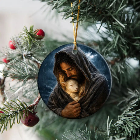 Christian ornament featuring The Good Shepherd sheltering His lamb in the rain Luke 15