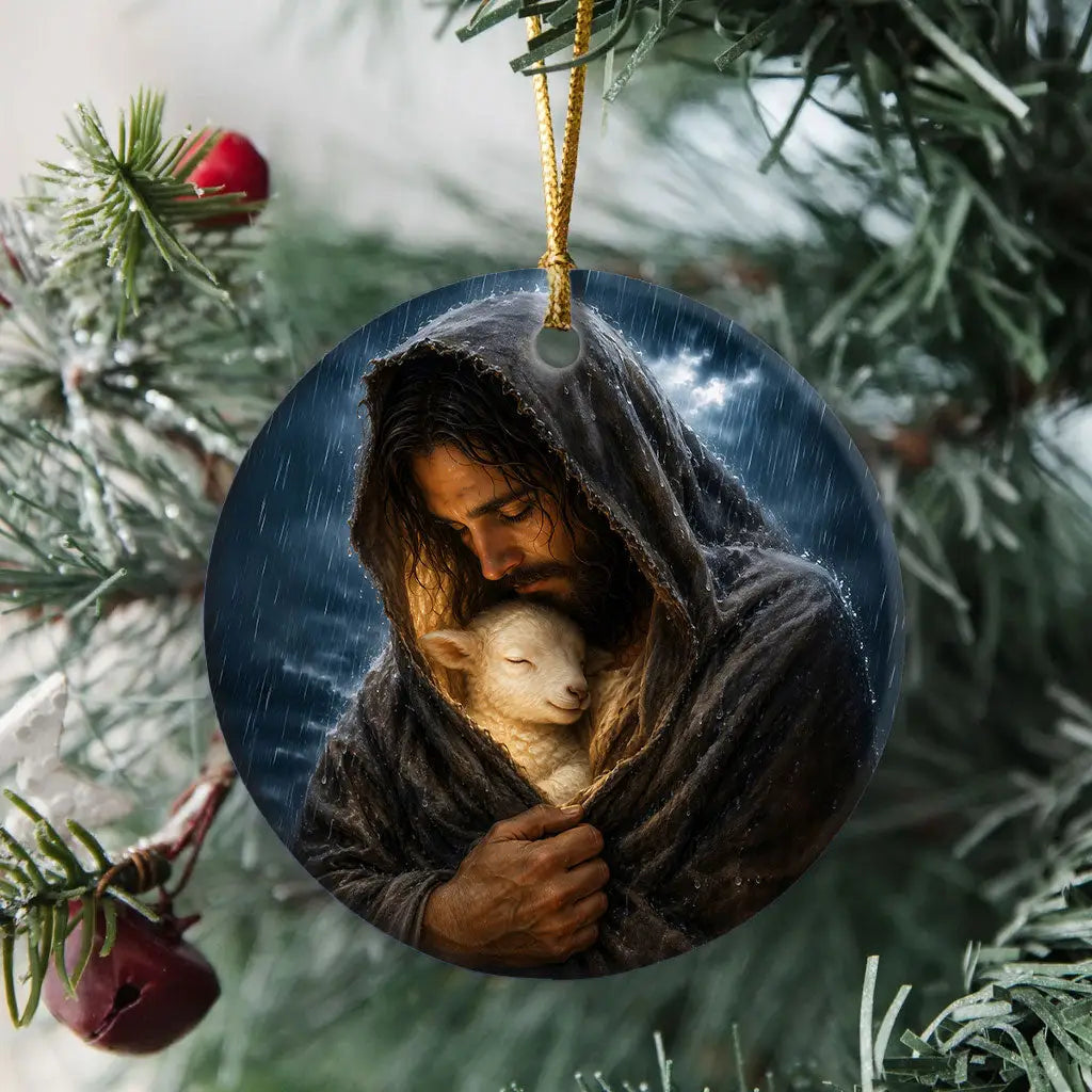 The Good Shepherd Shelters His Lamb In The Rain – Luke 15 – Christian Ornament Circle / 1-pack