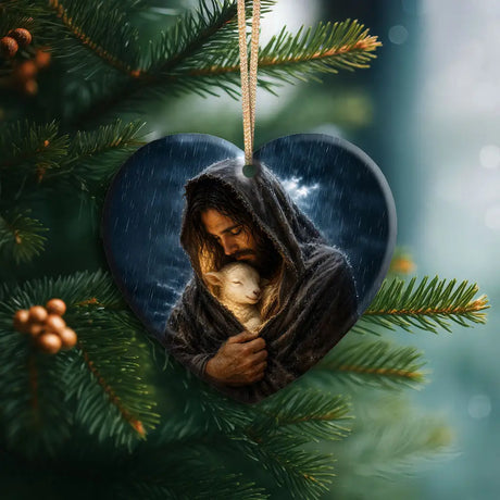The Good Shepherd shelters His lamb Christian ornament inspired by Luke 15 Bible story Heart / 1-pack