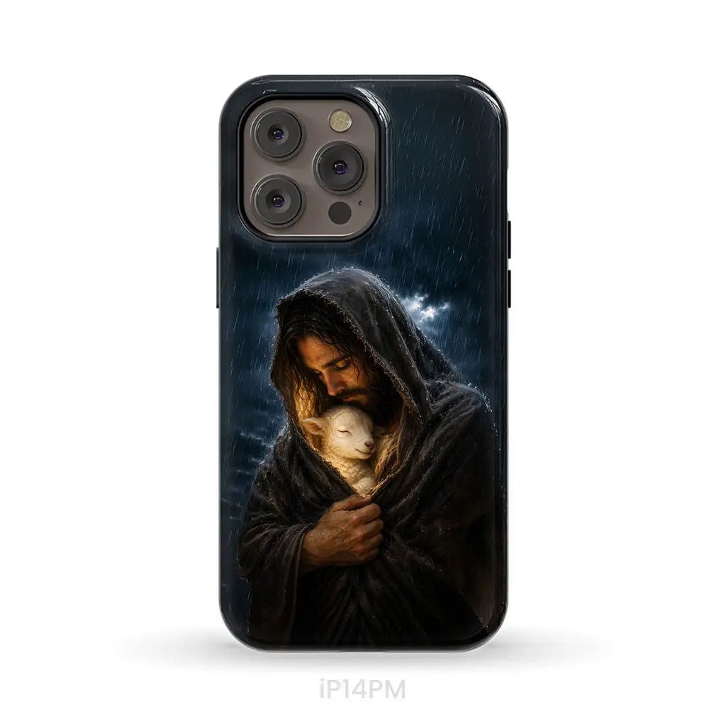 The Good Shepherd Shelters His Lamb In The Rain – Luke 15 – Christian Phone Case iPhone 14 Pro Max / Tough Case