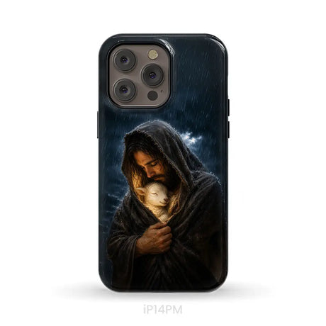The Good Shepherd Shelters His Lamb In The Rain – Luke 15 – Christian Phone Case iPhone 14 Pro Max / Tough Case