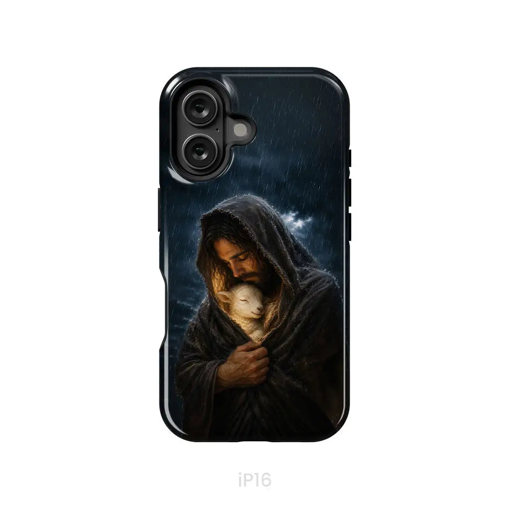 The Good Shepherd Shelters His Lamb In The Rain – Luke 15 – Christian Phone Case iPhone 16 / Tough Case