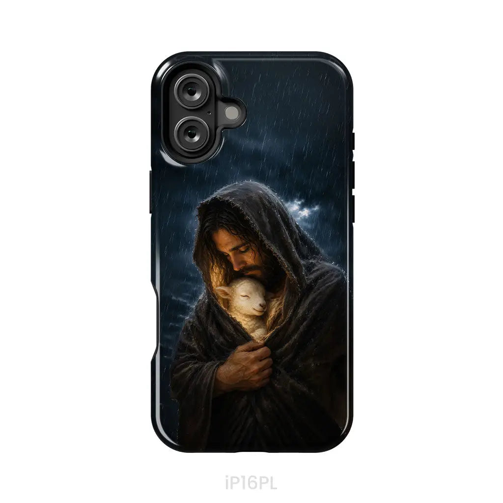 The Good Shepherd Shelters His Lamb In The Rain – Luke 15 – Christian Phone Case iPhone 16 Plus / Tough Case