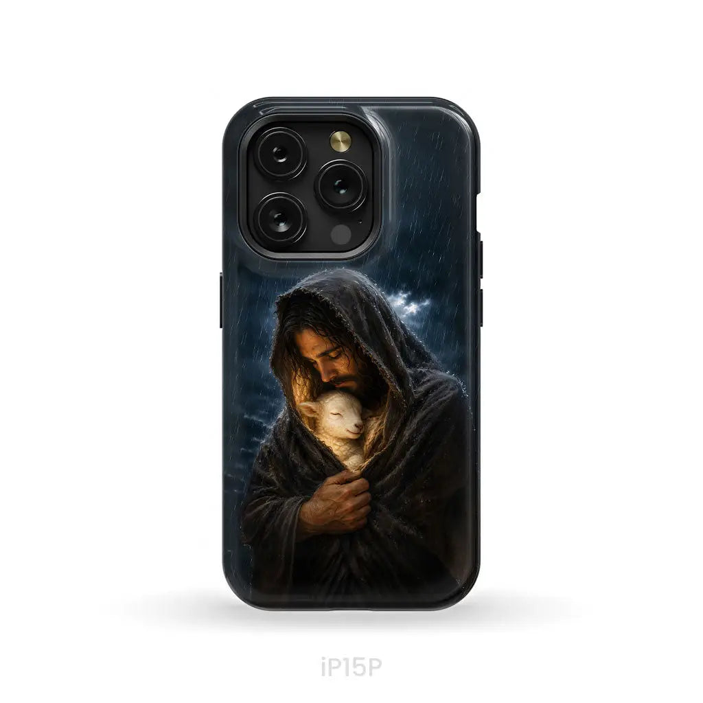 The Good Shepherd Shelters His Lamb In The Rain – Luke 15 – Christian Phone Case iPhone 15 Pro / Tough Case