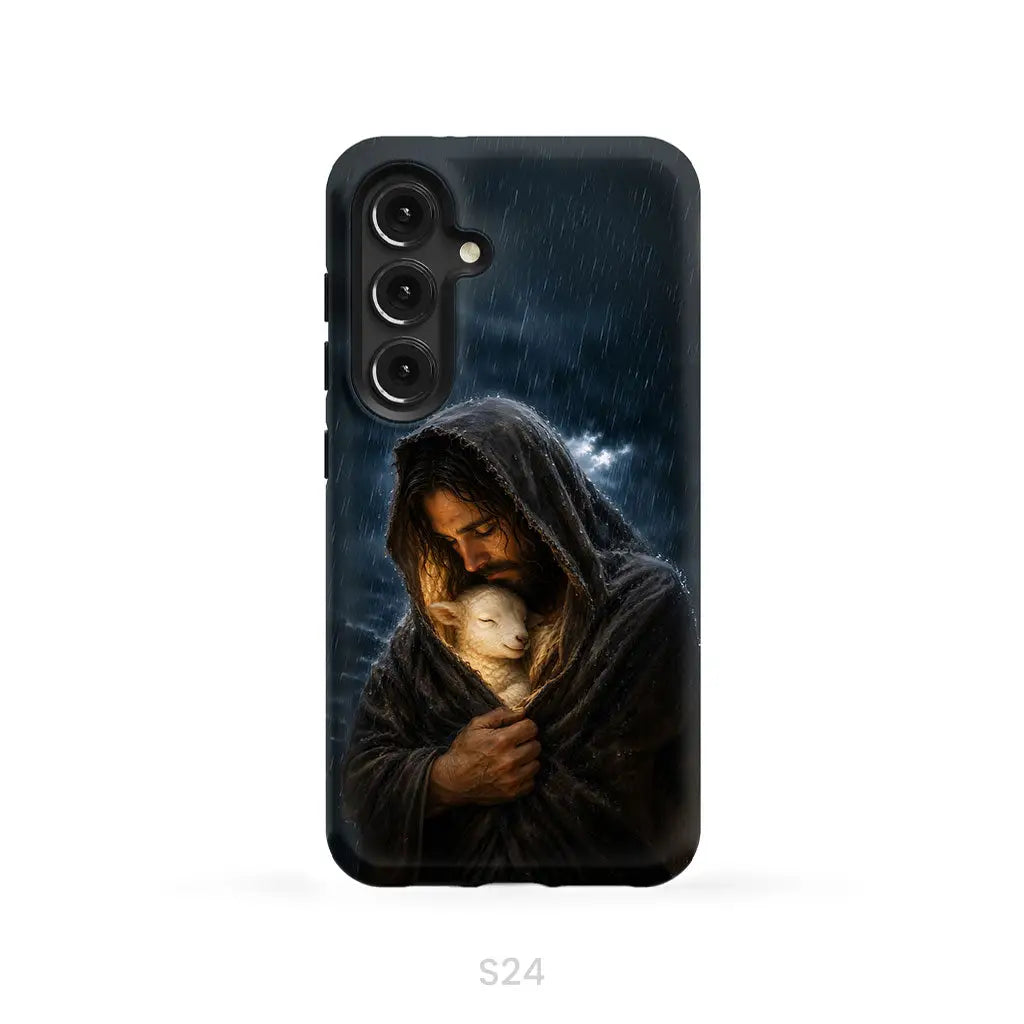 The Good Shepherd Shelters His Lamb In The Rain – Luke 15 – Christian Phone Case Samsung Galaxy S24 / Tough Case