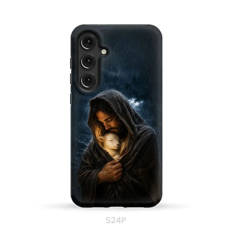 The Good Shepherd Shelters His Lamb In The Rain – Luke 15 – Christian Phone Case Samsung Galaxy S24 Plus / Tough Case