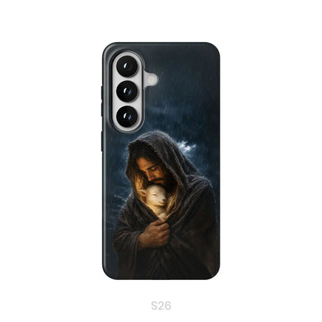 The Good Shepherd Shelters His Lamb In The Rain – Luke 15 – Christian Phone Case Samsung Galaxy S26 / Tough Case