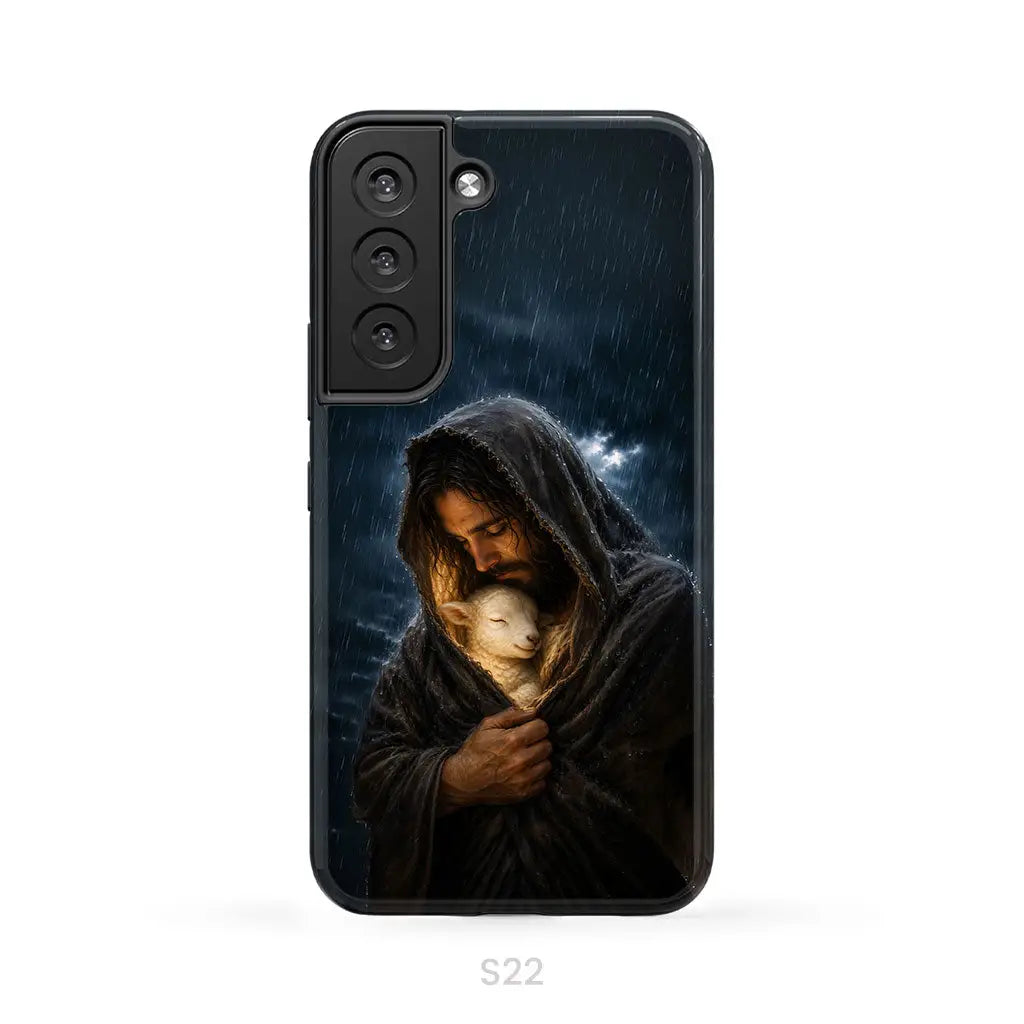 The Good Shepherd Shelters His Lamb In The Rain – Luke 15 – Christian Phone Case Samsung Galaxy S22 / Tough Case