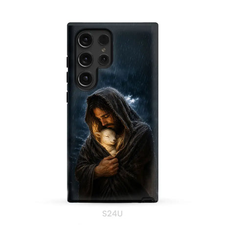 The Good Shepherd Shelters His Lamb In The Rain – Luke 15 – Christian Phone Case Samsung Galaxy S24 Ultra / Tough Case