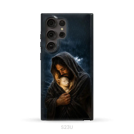 The Good Shepherd Shelters His Lamb In The Rain – Luke 15 – Christian Phone Case Samsung Galaxy S23 Ultra / Tough Case