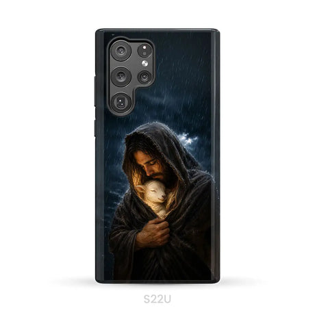The Good Shepherd Shelters His Lamb In The Rain – Luke 15 – Christian Phone Case Samsung Galaxy S22 Ultra / Tough Case