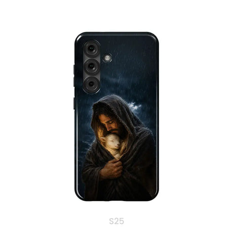 The Good Shepherd Shelters His Lamb In The Rain – Luke 15 – Christian Phone Case Samsung Galaxy S25 / Tough Case