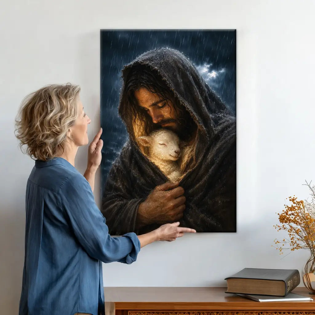 The Good Shepherd Shelters His Lamb In The Rain – Luke 15 – Christian Wall Art Canvas