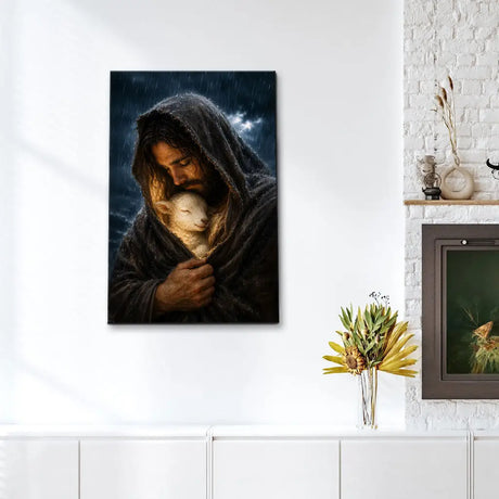The Good Shepherd Shelters His Lamb In The Rain – Luke 15 – Christian Wall Art Canvas
