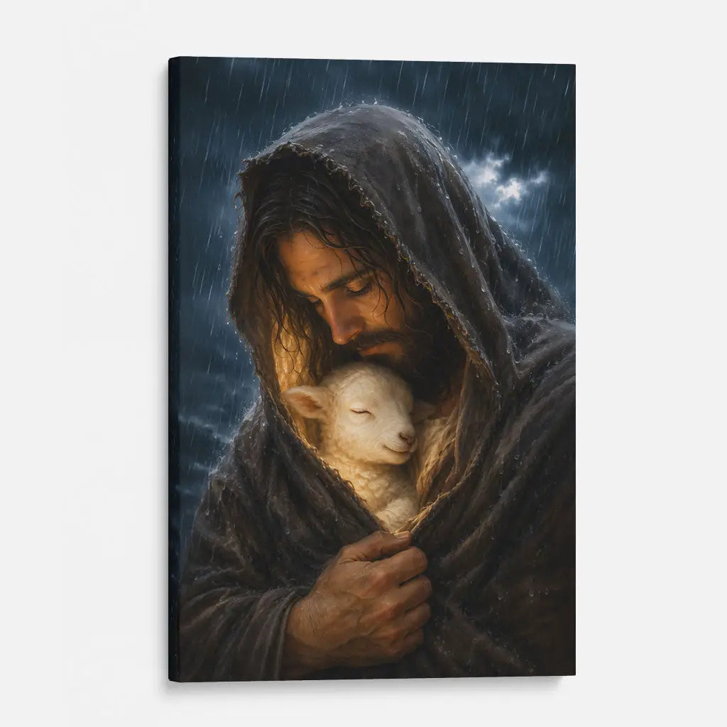 The Good Shepherd Shelters His Lamb In The Rain – Luke 15 – Christian Wall Art Canvas