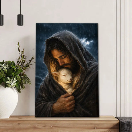 The Good Shepherd Shelters His Lamb In The Rain – Luke 15 – Christian Wall Art Canvas