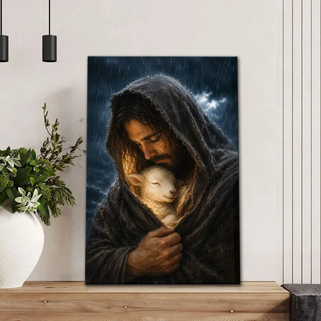 The Good Shepherd Shelters His Lamb In The Rain – Luke 15 – Christian Wall Art Canvas
