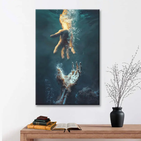 Inspirational wall art canvas print with Jesus' hand reaching into the water, ideal Christian canvas wall art for homes.