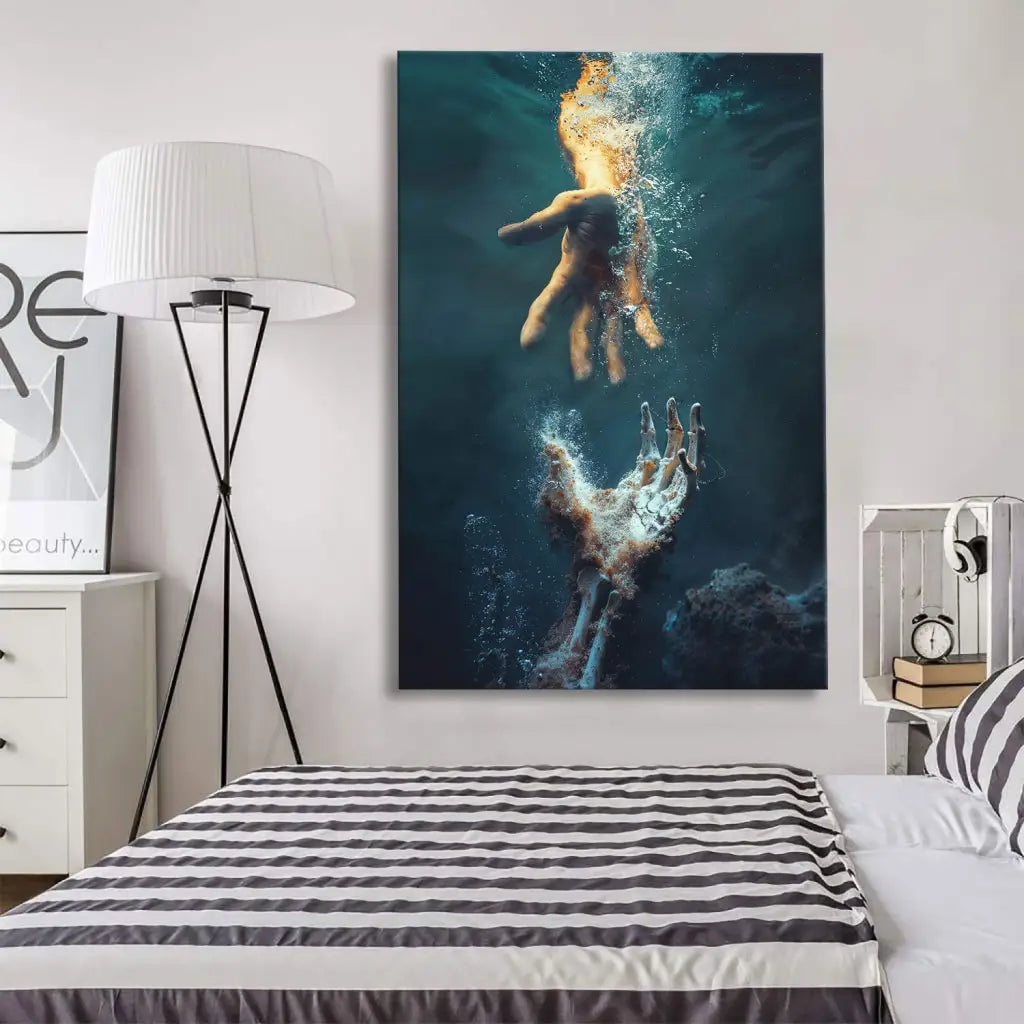 Christian Faith-based wall art displaying Jesus reaching into the water, symbolizing divine protection, great religious decor for bedroom.