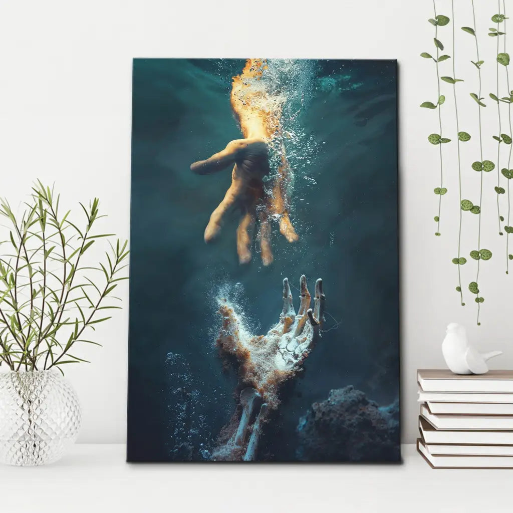 Christian canvas wall art featuring Jesus reaching into the water, symbolizing God's rescue, perfect faith-based home decor.