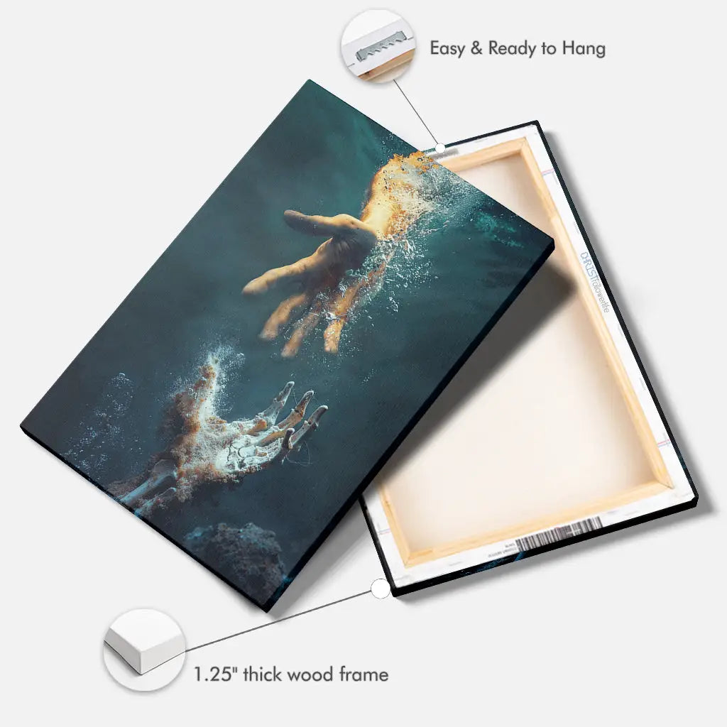 Religious wall art canvas with Jesus' hand reaching into the water, perfect for faith-filled home decor.