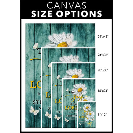 Bible verse wall art canvas illustrating Nehemiah 8:10, "The Joy of the Lord is My Strength," featuring lovely daisy flowers, perfect for Christian spaces.