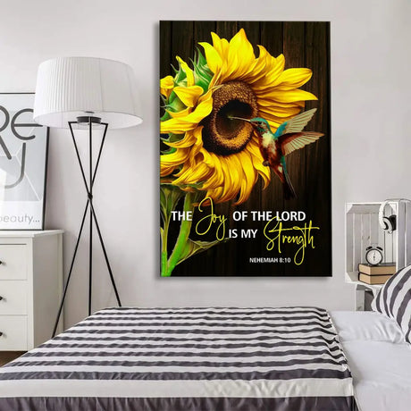 Bible verse wall art featuring Nehemiah 8:10, a cheerful sunflower, and a hummingbird, ideal for Christian gifts and decor.