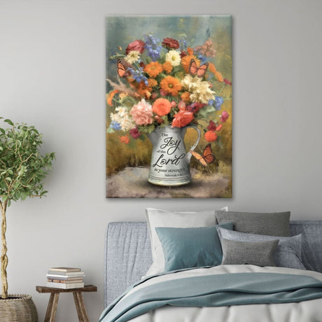Bible verse wall art with Nehemiah 8:10, complemented by vibrant flowers and butterflies, a beautiful addition to Christian homes.