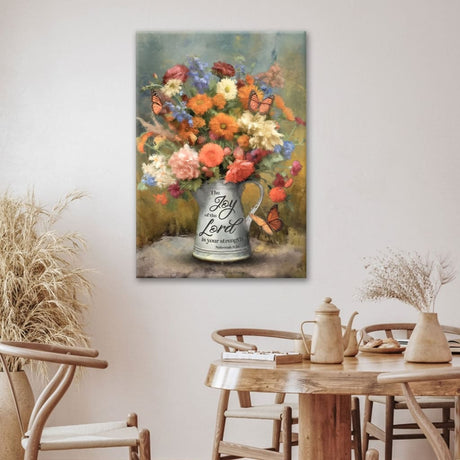 Inspirational canvas with Nehemiah 8:10, "The joy of the Lord is your strength," adorned with a floral and butterfly design.