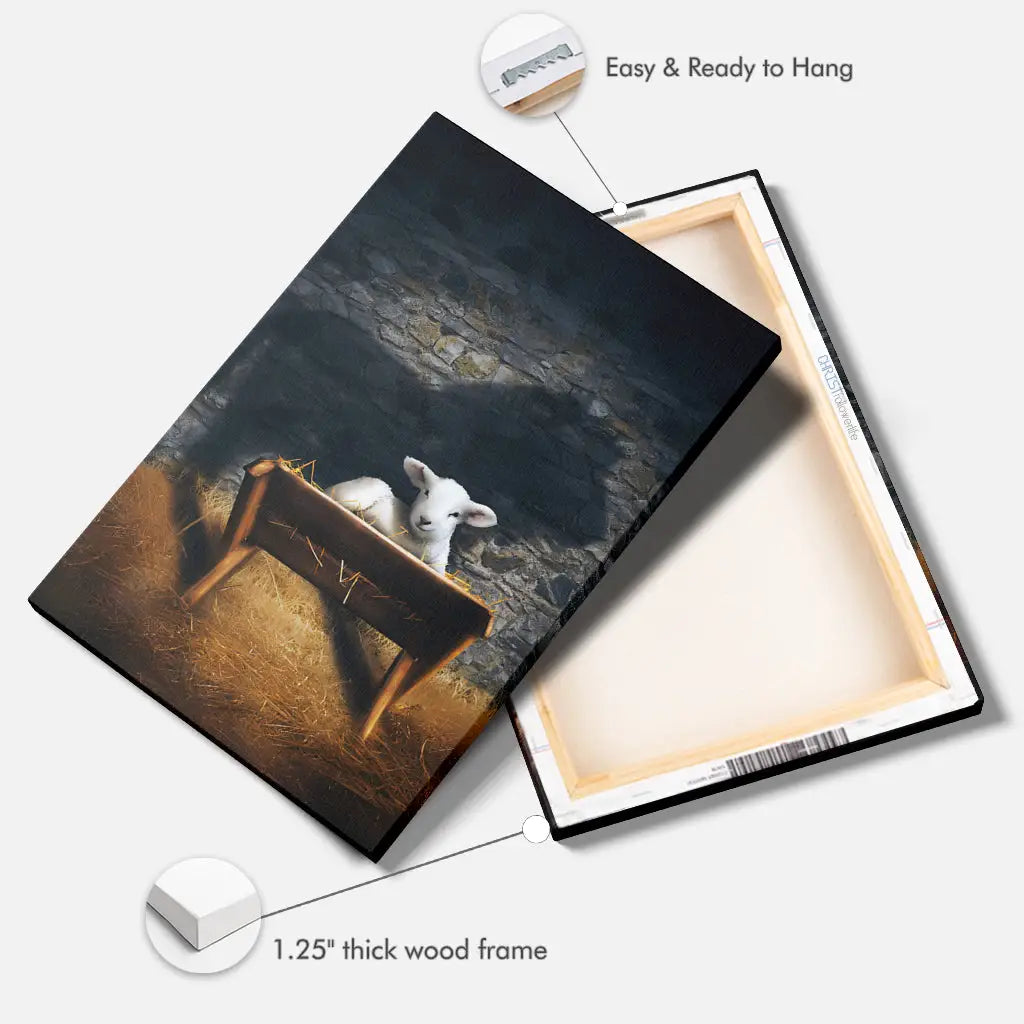 Christian nativity canvas print, Lion and Lamb scene with manger, perfect inspirational holiday gift.