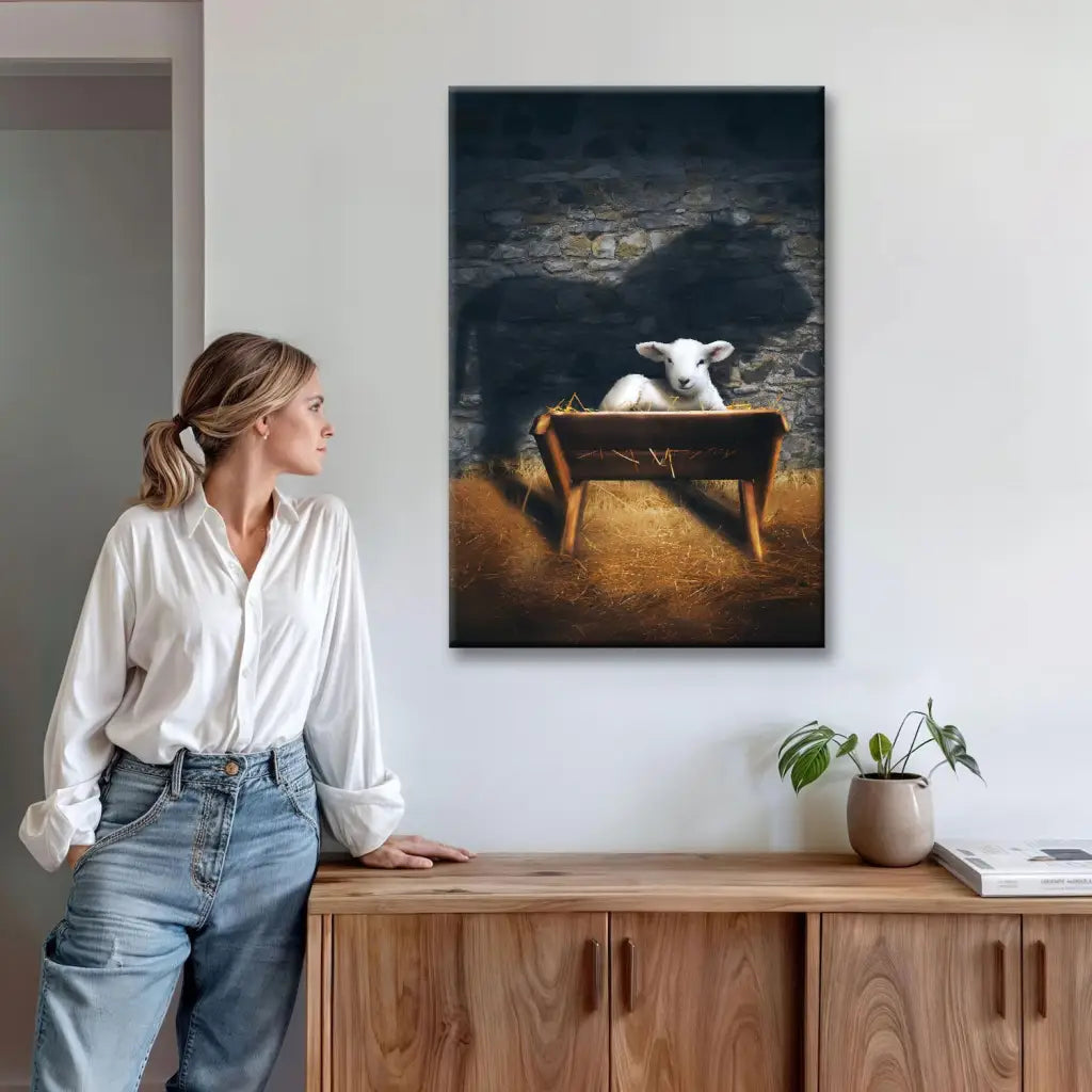 Inspirational nativity canvas with Lion and Lamb, Christian gift with Bible verse and Christmas theme.