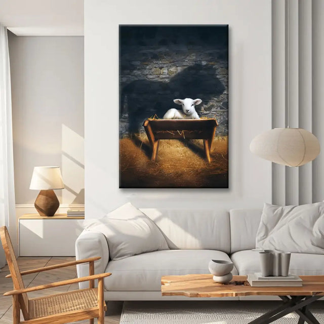 Christian wall art with Lamb of God in manger, Lion and Lamb nativity scene, faith-based Christmas gift.