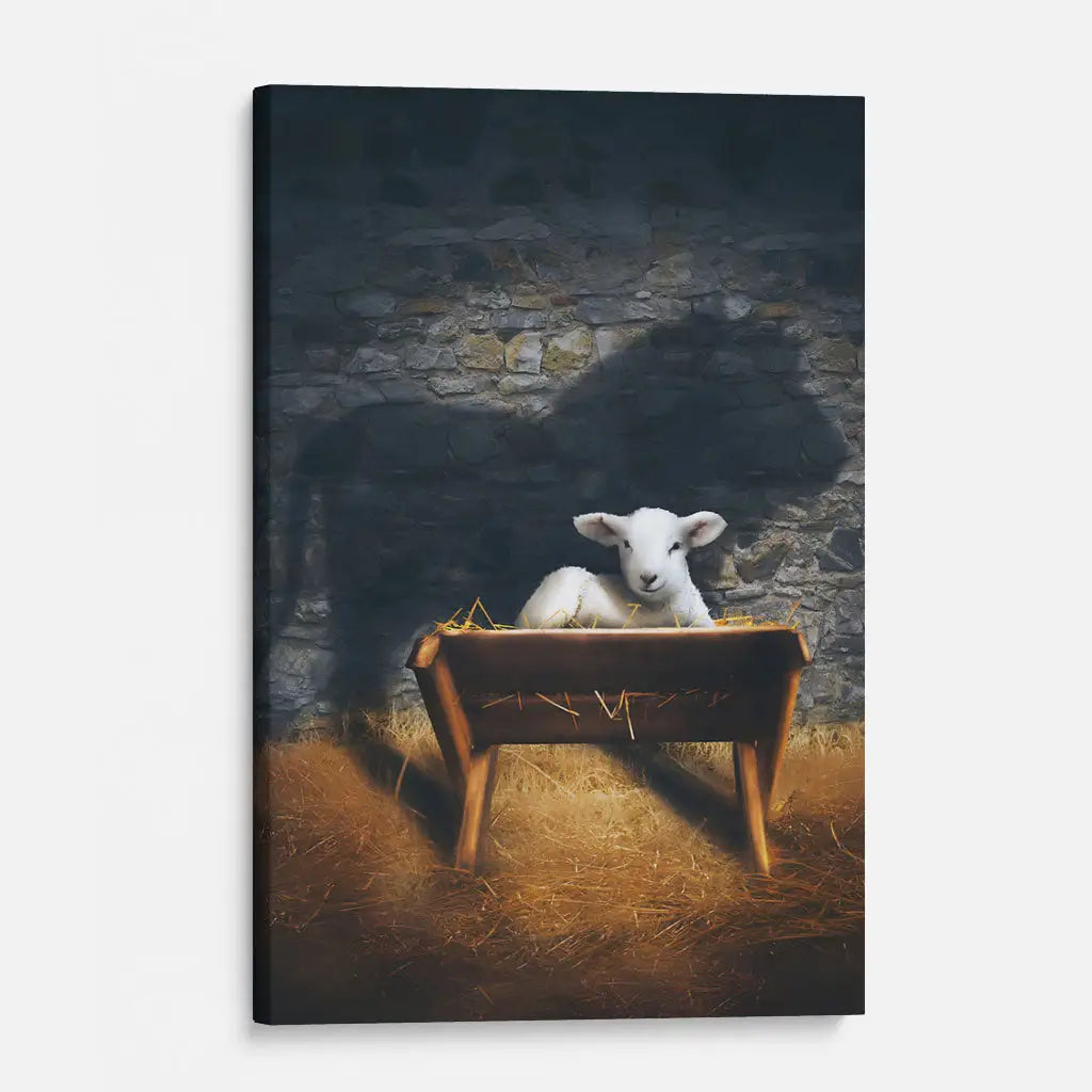 Lamb in manger with Lion of Judah, Christian canvas for Christmas, scripture and faith-filled gift.