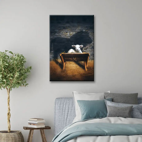 Faith-based Christmas wall art of Jesus as Lamb of God, Lion and Lamb scene for Christian décor.