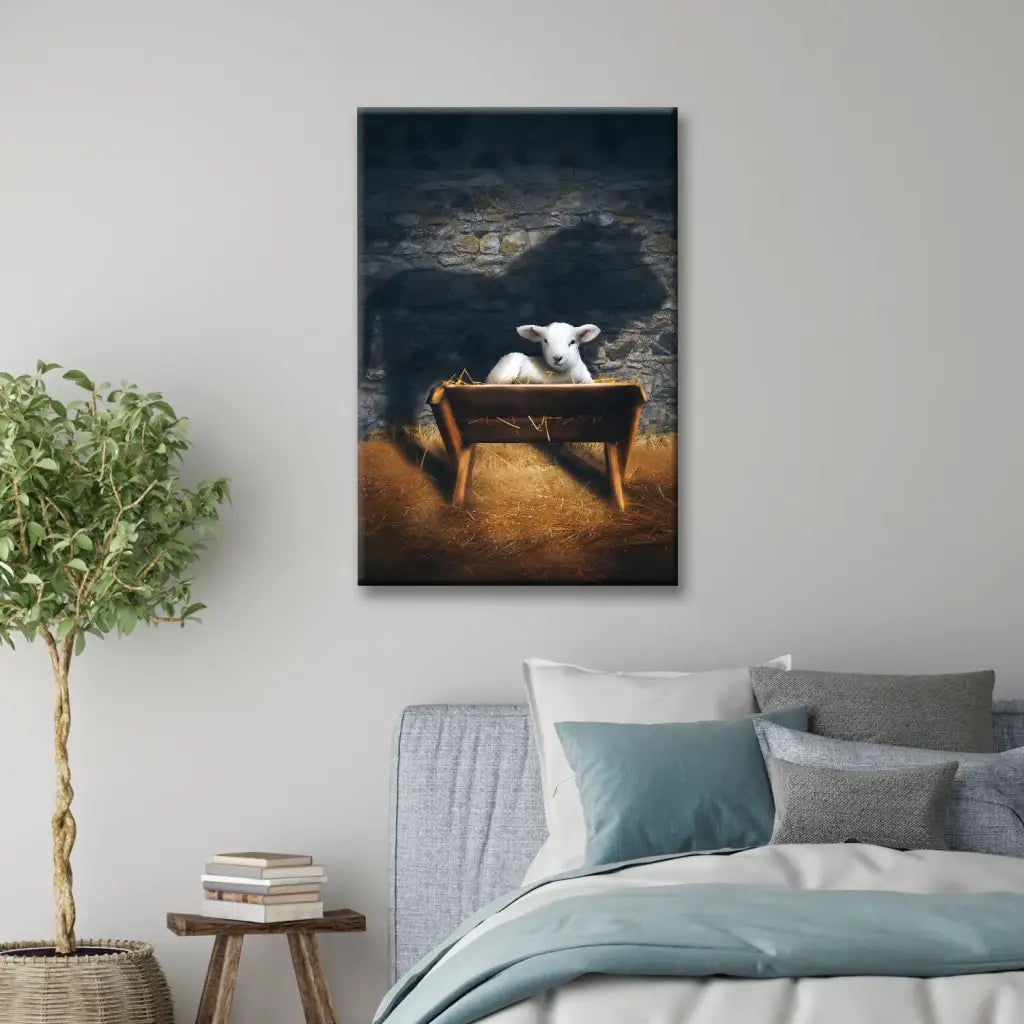 Faith-based Christmas wall art of Jesus as Lamb of God, Lion and Lamb scene for Christian décor.