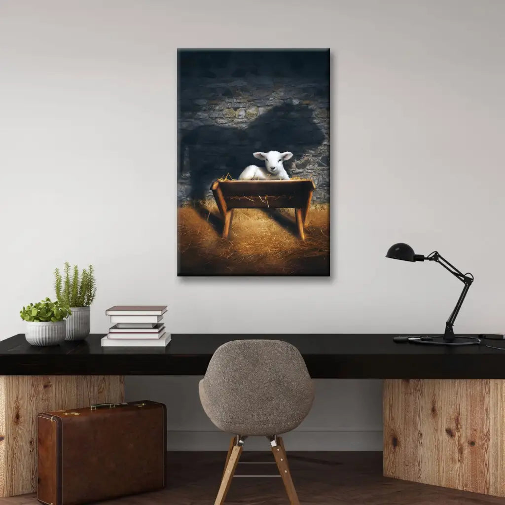 The Lamb of God in the Manger Lion and Lamb Nativity Scene Christian Wall Art Canvas