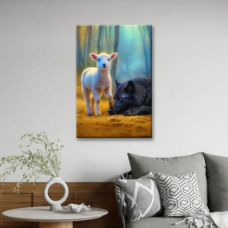 Faith-based wall art with lamb conquering wolf, peaceful forest scene, Christian gift with message.
