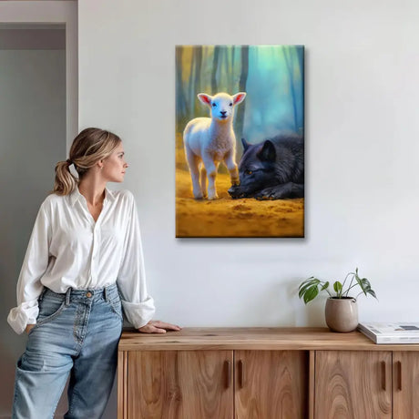 Inspirational Christian canvas with lamb and wolf, faith and scripture wall art for home or gifts.