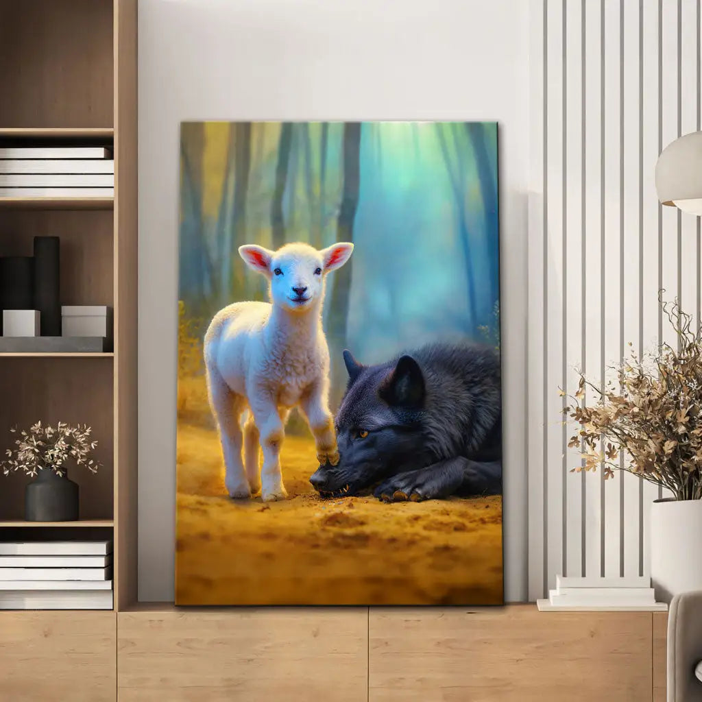 Christian wall art of lamb stepping on wolf, faith-based canvas with Bible meaning and peaceful forest.
