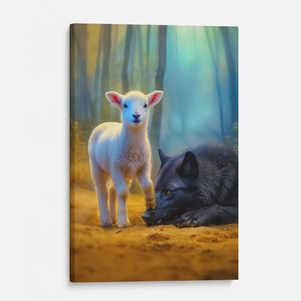 Lamb defeating wolf Christian canvas, inspirational scripture artwork about Jesus and faith.