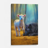Lamb defeating wolf Christian canvas, inspirational scripture artwork about Jesus and faith.