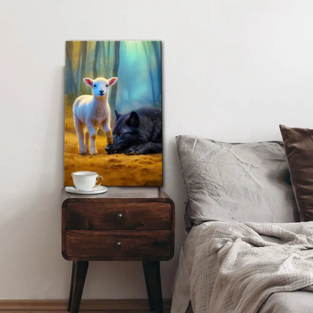Christian gift canvas with lamb and wolf, Bible verse theme in a peaceful forest, faith and religion décor.