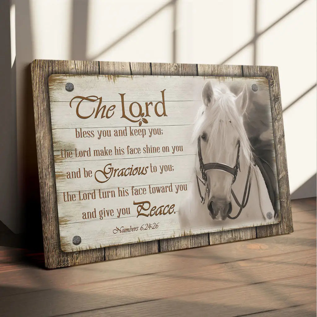 Christian wall art canvas: "The Lord bless you and keep you," featuring horses and farmhouse decor. Inspirational faith piece.