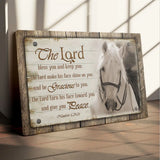 Christian wall art canvas: "The Lord bless you and keep you," featuring horses and farmhouse decor. Inspirational faith piece.
