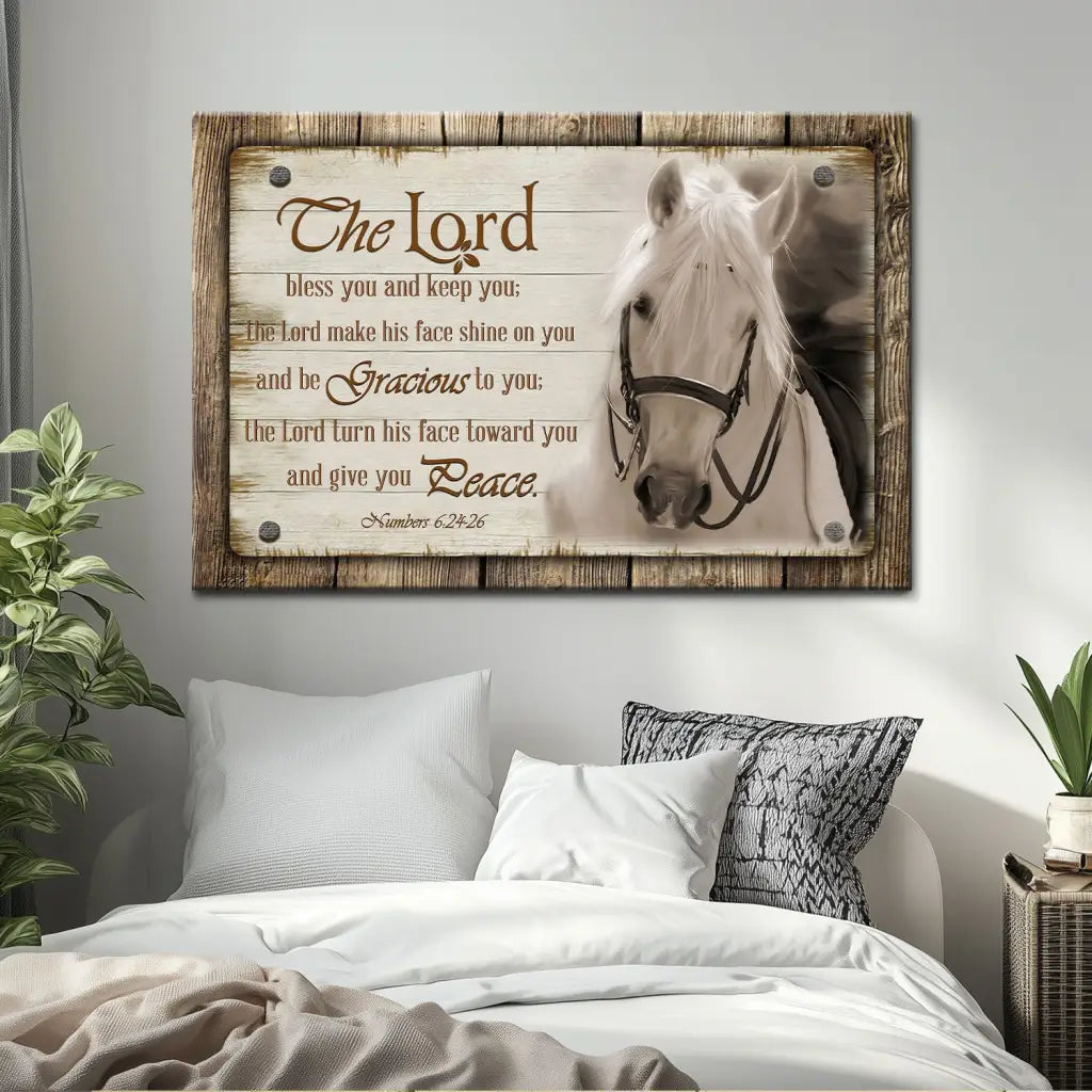 Inspirational Christian wall art: &quot;The Lord bless you and keep you,&quot; with a rustic farmhouse and horse design.