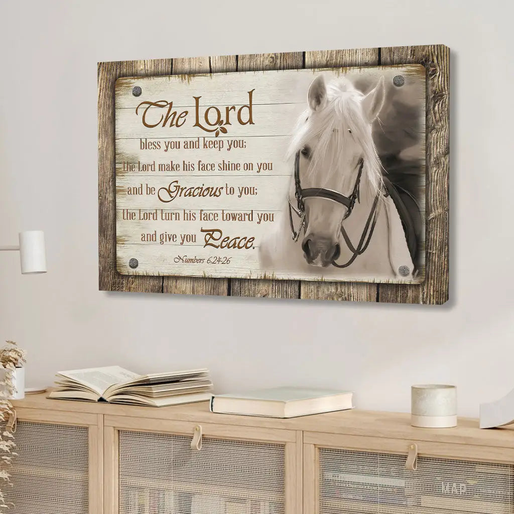 Christian home decor: Horses and farmhouse-themed canvas with &quot;The Lord bless you and keep you.&quot; A meaningful Christian faith gift.